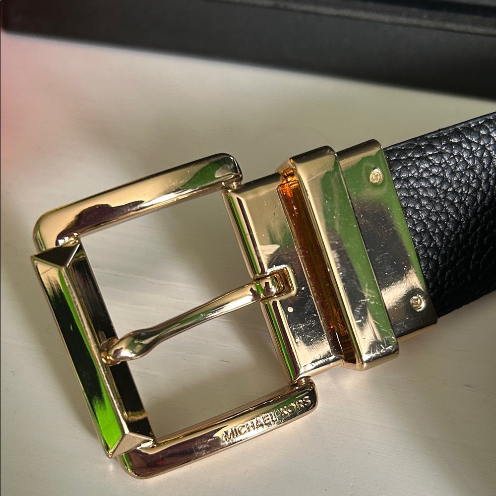Michael Kors Black Leather Belt with Gold Buckle
